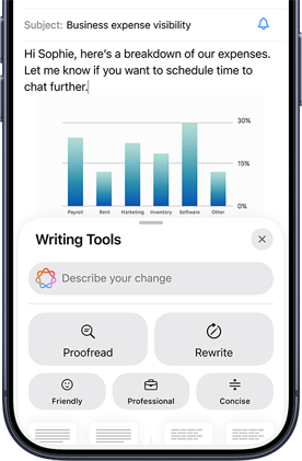 Screen displaying a Business email with graph and Apple Intelligence prompts underneath offering writing tool assistance