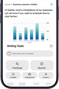 Screen displaying a Business email with graph and Apple Intelligence prompts underneath offering writing tool assistance