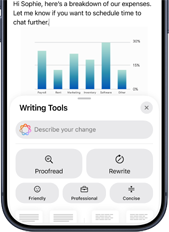Screen displaying a Business email with graph and Apple Intelligence prompts underneath offering writing tool assistance