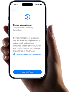 Right hand holding iPhone with screen displaying copy explaining what Device Management is with option to enrol