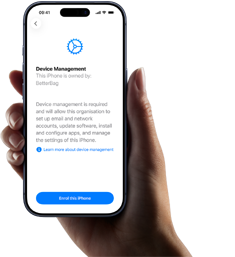 Right hand holding iPhone with screen displaying copy explaining what Device Management is with option to enrol