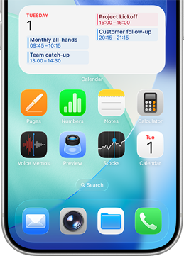 Image of iPhone App on screen, with Calendar expanded at the top showing the day’s events