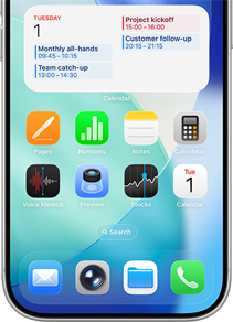 Image of iPhone App on screen, with Calendar expanded at the top showing the day’s events