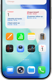 Image of iPhone App on screen, with Calendar expanded at the top showing the day’s events