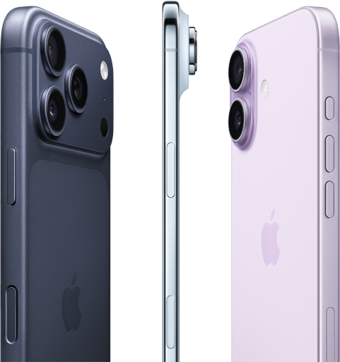 Three iPhone Models, middle iPhone displaying thinness of iPhone on side view and both other phones at 45 degree angles on either side of the middle phone