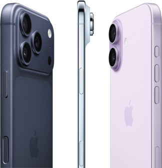 Three iPhone Models, middle iPhone displaying thinness of iPhone on side view and both other phones at 45 degree angles on either side of the middle phone