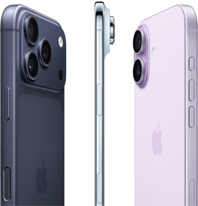 Three iPhone Models, middle iPhone displaying thinness of iPhone on side view and both other phones at 45 degree angles on either side of the middle phone