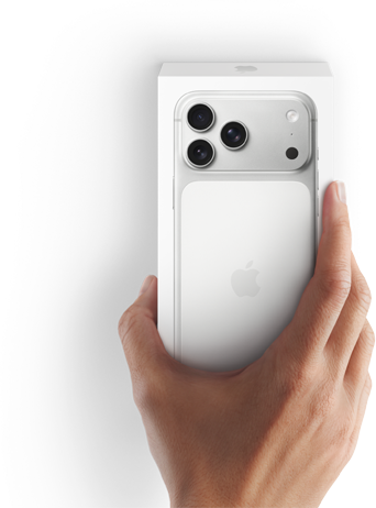 Image of right hand holding latest iPhone 17 box with phone inside