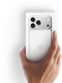 Image of right hand holding latest iPhone 17 box with phone inside