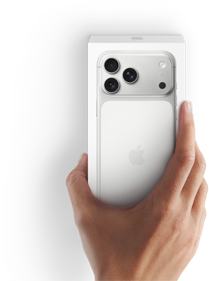 Image of right hand holding latest iPhone 17 box with phone inside