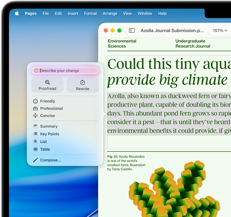 Apple Intelligence Writing Tools helps revise an environmental science article in Pages with the option to proofread or rewrite in a different tone