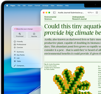 Apple Intelligence Writing Tools helps revise an environmental science article in Pages with the option to proofread or rewrite in a different tone