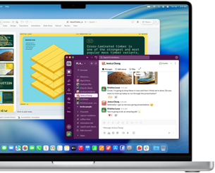 PowerPoint presentation in one window and Slack in another window on MacBook Pro 16-inch M4 screen