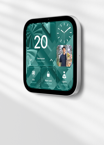 Apple HomeView wall-mounted model on a wall, silver colour, displaying time, temperature, and controls for thermostat, bedroom fan, door lock and lights