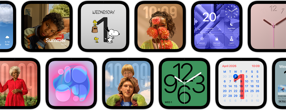 Apple HomeView, multiple devices: displaying various faces, including digital and analogue clock styles with wallpapers featuring a variety of photos and illustrations