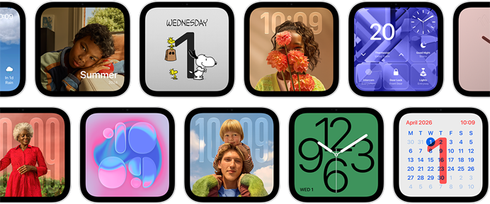 Apple HomeView, multiple devices: displaying various faces, including digital and analogue clock styles with wallpapers featuring a variety of photos and illustrations