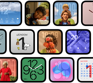 Apple HomeView, multiple devices: displaying various faces, including digital and analogue clock styles with wallpapers featuring a variety of photos and illustrations
