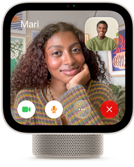 Apple HomeView, starlight (pale gold) colour, front exterior, showing a FaceTime video call screen displaying one person in the main view and another person in an inset window, with control buttons at bottom of screen