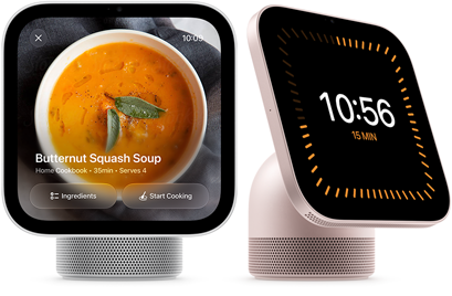 Apple HomeView, two devices: silver colour, displaying butternut squash soup recipe, rose pink colour, showing timer displaying 10 minutes and 56 seconds