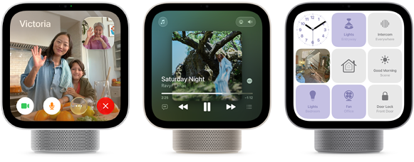 Apple HomeView, three devices, front exterior, from left to right: silver colour, displaying FaceTime call with multiple participants, starlight colour (pale gold), showing Apple Music app, and space grey colour, displaying a grid of nine smart home controls