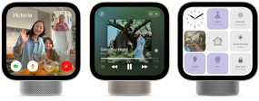Apple HomeView, three devices, front exterior, from left to right: silver colour, displaying FaceTime call with multiple participants, starlight colour (pale gold), showing Apple Music app, and space grey colour, displaying a grid of nine smart home controls