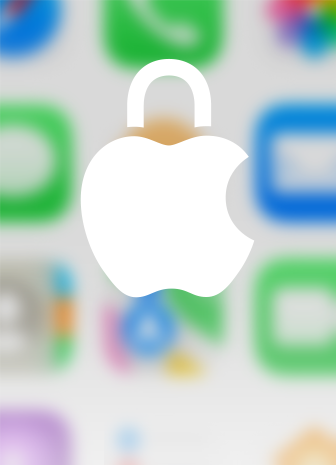 Apple privacy logo with a lock icon, white on a blurred background of the Apple HomeView home screen