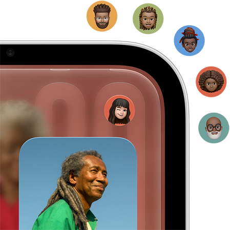 Close-up of Apple HomeView display, showing home screen with Apple app icons and photo A user's Memoji icon is displayed in the top right corner of the HomeView display, with five additional Memoji icons appearing outside the display representing the ability to switch between multiple users
