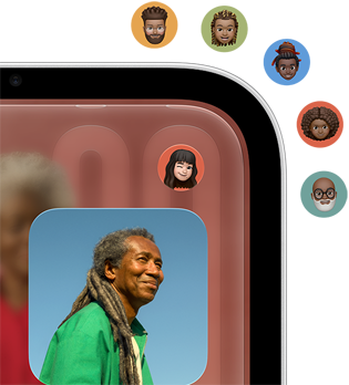 Close-up of Apple HomeView display, showing home screen with Apple app icons and photo A user's Memoji icon is displayed in the top right corner of the HomeView display, with five additional Memoji icons appearing outside the display representing the ability to switch between multiple users
