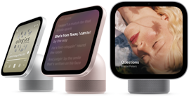 Apple HomeView, three devices all displaying Apple Music app album artwork and lyrics, from left to right, silver colour, side exterior, rose pink colour, side exterior, space grey colour, front exterior