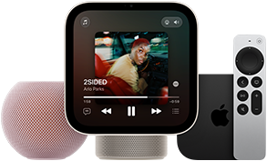 HomePod mini 2 speaker pink colour, mesh fabric exterior, Apple HomeView device, starlight (pale gold) colour, front exterior, displaying Apple Music app, Apple TV 4K, top exterior, black colour with Apple logo, shown with Siri remote, silver colour, front exterior