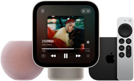 HomePod mini 2 speaker pink colour, mesh fabric exterior, Apple HomeView device, starlight (pale gold) colour, front exterior, displaying Apple Music app, Apple TV 4K, top exterior, black colour with Apple logo, shown with Siri remote, silver colour, front exterior