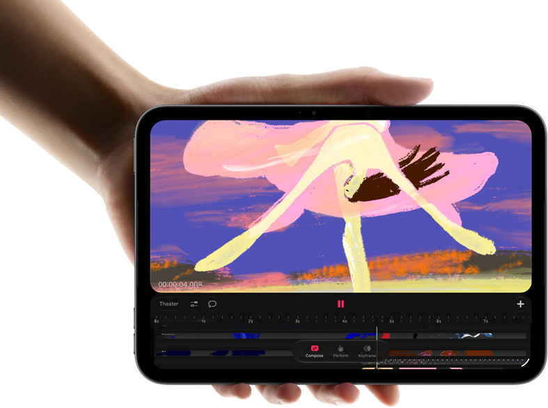 iPad mini, displayed in hand, front view, showing video editing interface with colourful clips, A20 Pro chip mentioned below