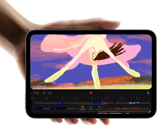 iPad mini, displayed in hand, front view, showing video editing interface with colourful clips, A20 Pro chip mentioned below