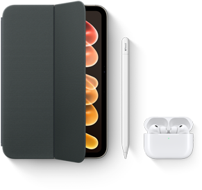 iPad mini, displayed with compatible accessories including Smart Folio for iPad mini (A20 Pro), Apple Pencil USB-C and AirPods Pro 3