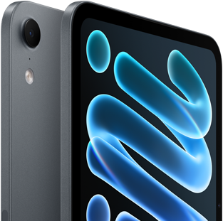 iPad mini, in midnight, back view showing camera location, and front view on a diagonal, AppleCare+ service shown with text descriptions