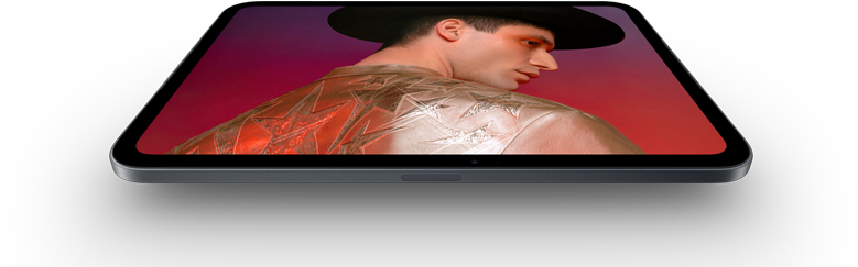 iPad mini, 8.5-inch OLED display, bright and deep blacks, showing a person wearing a hat and jacket