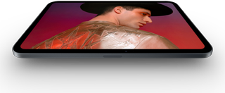 iPad mini, 8.5-inch OLED display, bright and deep blacks, showing a person wearing a hat and jacket