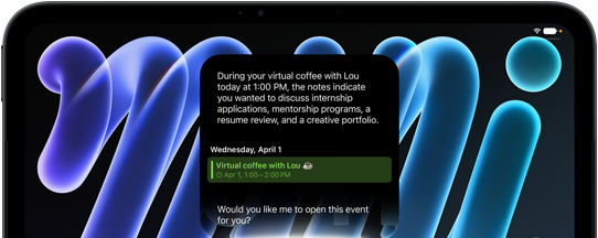 iPad mini, front view, displaying a notification about an upcoming meeting using the Siri AI summarise feature
