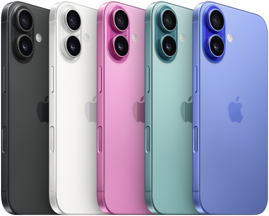 iPhone 16, back exterior, raised advanced dual-camera system, Apple logo in centre, all five finishes, Black, White, Pink, Teal, Ultramarine