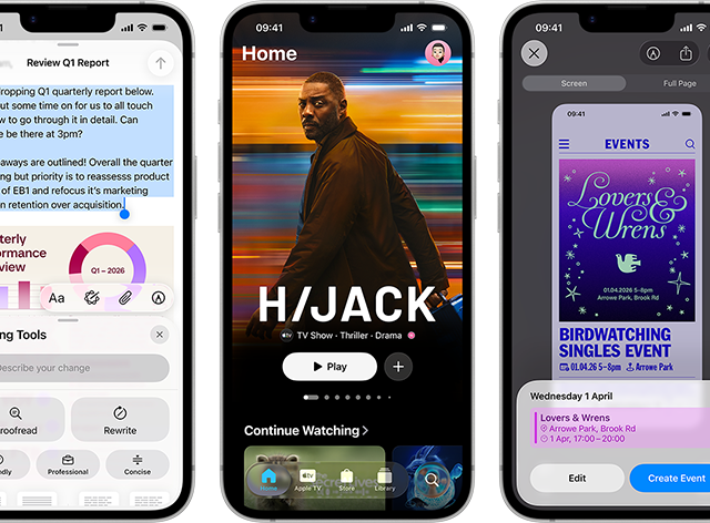 Side-by-side iPhone 17e devices showing different screens: a game being played, Writing Tools, Apple TV app, a calendar event being created, a Genmoji being created