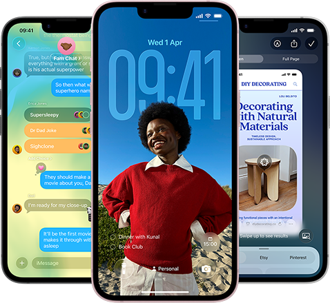 Three iPhone 17e devices, showing Messages app with Liquid Glass design, dynamic Lock Screen, and Visual Intelligence in use
