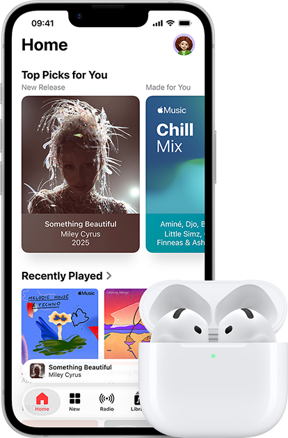 iPhone 17e, front exterior, Apple Music app with Home Screen open, next to AirPods Pro 3 in open MagSafe Charging case