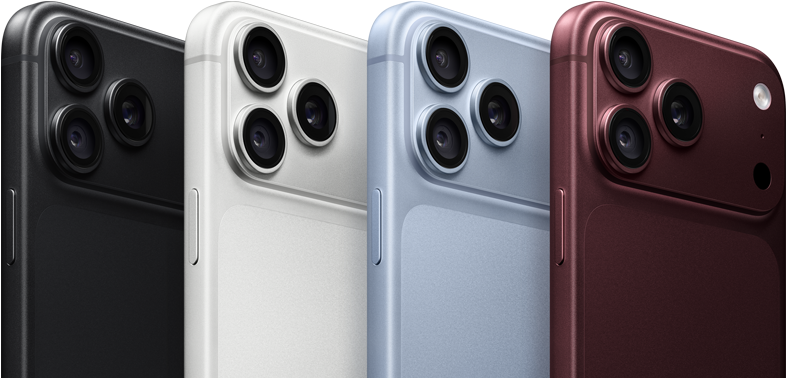 iPhone 18 Pro devices in a row, back exterior, all four colours: Burgundy, Glacier, Silver, Black, Pro Fusion camera system in top left corner, 3 lenses, microphone, flash