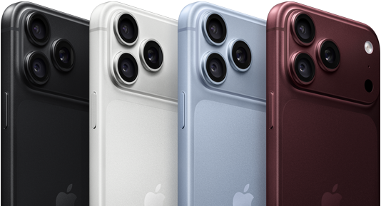 iPhone 18 Pro devices in a row, back exterior, all four colours: Burgundy, Glacier, Silver, Black, Pro Fusion camera system in top left corner, 3 lenses, microphone, flash