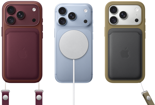 From left to right, iPhone 18 Pro in Burgundy leather case with Burgundy Crossbody Strap, middle iPhone 18 Pro in Glacier with White MagSafe charger attached, right iPhone 18 Pro in Silver in green leather wallet case with wrist strap
