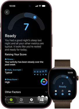 iPhone 18 Pro, black, front exterior, displaying the results of the Readiness status (score of 7), paired with Apple Watch, front facing, brown, displaying the same Readiness score of 7