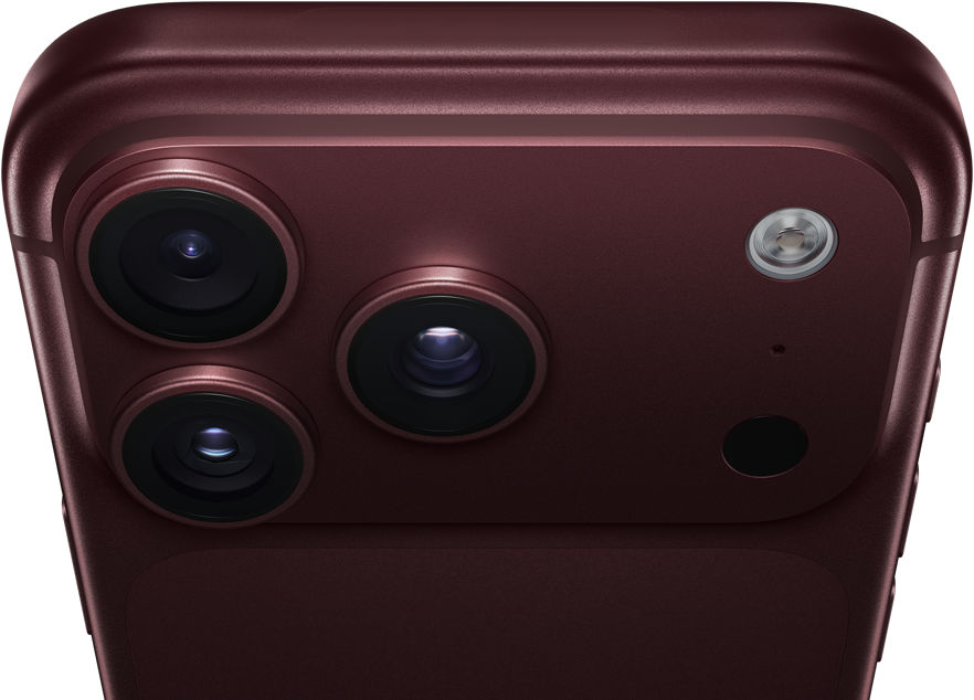 iPhone 18 Pro Max, burgundy colour (dark red), back exterior, Pro Fusion camera system at top, 3 lenses, variable aperture blades partially closed, flash, microphone and LiDAR Scanner, top exterior, mobile antenna, flat sides, rounded edges