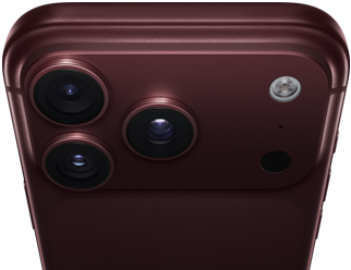 iPhone 18 Pro Max, burgundy colour (dark red), back exterior, Pro Fusion camera system at top, 3 lenses, variable aperture blades partially closed, flash, microphone and LiDAR scanner, top exterior, mobile antenna, flat sides, rounded edges