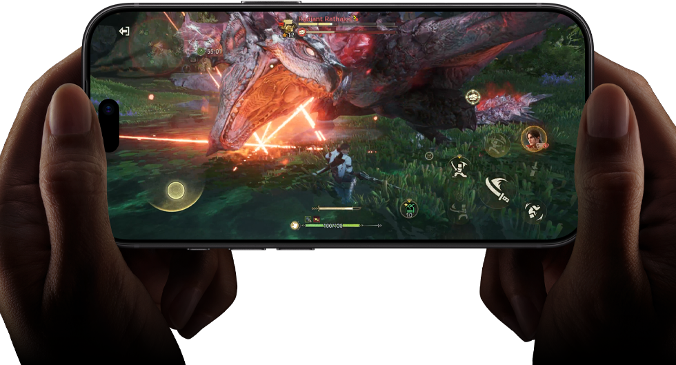 iPhone 18 Pro, front exterior, demonstrating the performance capabilities of the A20 Pro chip with a scene from Monster Hunter Outlanders