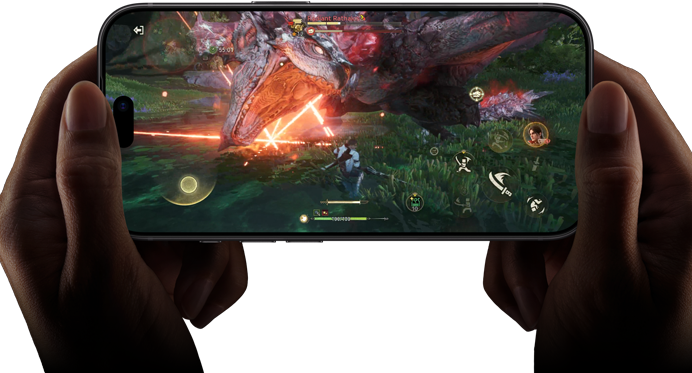 iPhone 18 Pro, front exterior, demonstrating the performance capabilities of the A20 Pro chip with a scene from Monster Hunter Outlanders
